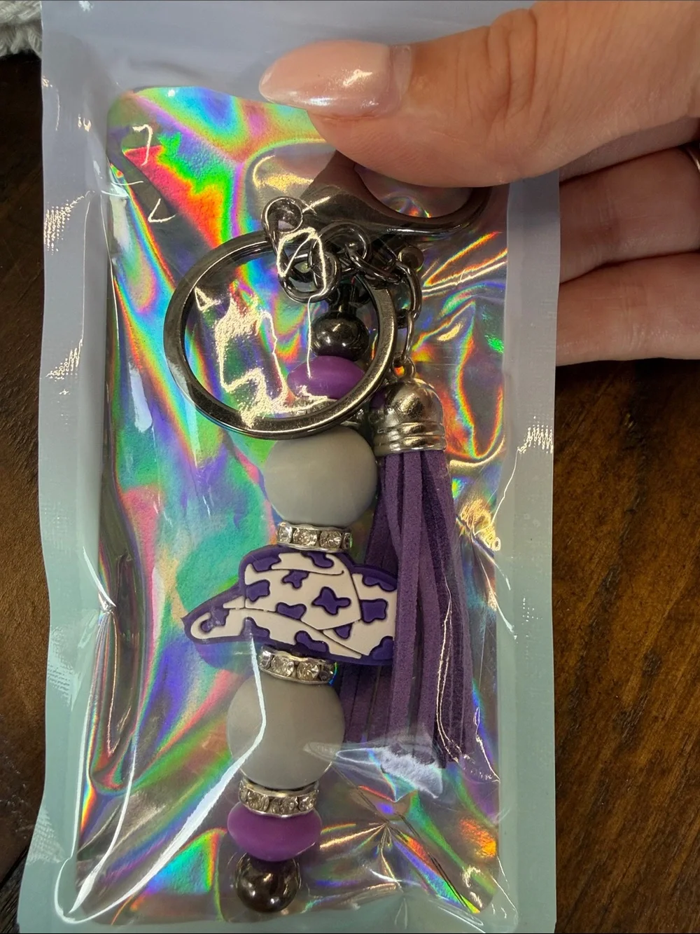 Purple Tassel Bead Keychain with Cow Charm